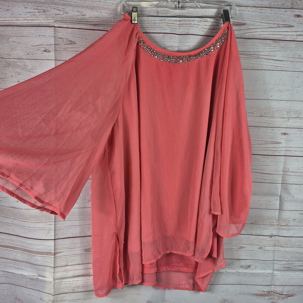 Catherines Salmon Pink Beaded Rhinestone Top Size 4X Minimalist Career Office